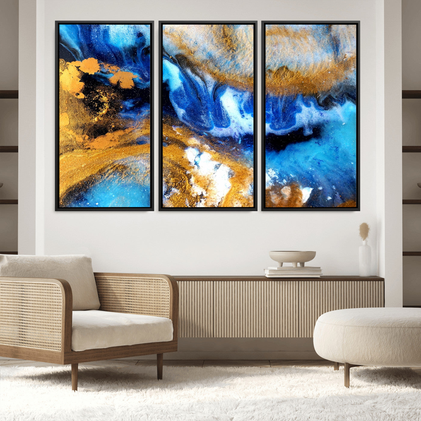42100-MGV-FC-60X40-3P_Black-Blue Orange Marble Fluid Effect Canvas Wall Art Print