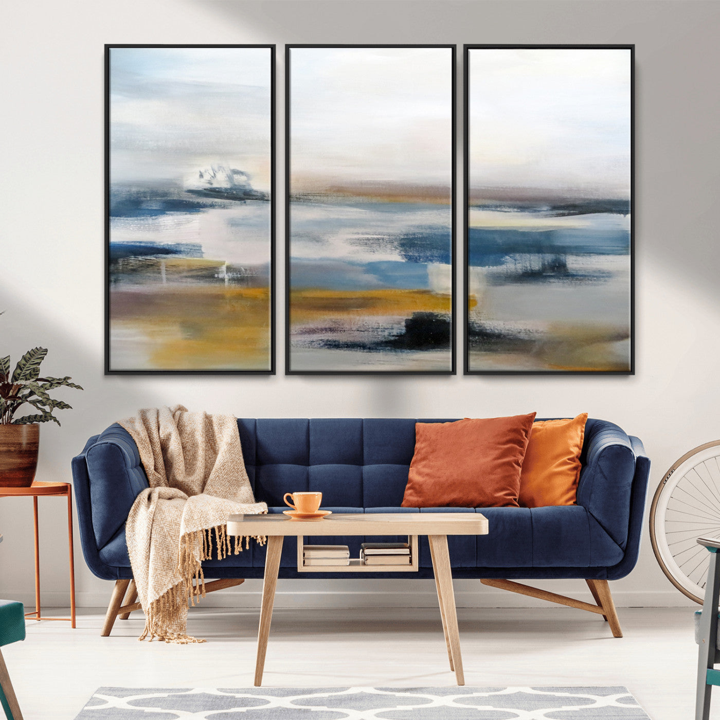MGV-FC-48X32-3P - Abstract Landscape Wall Art Canvas | 3 Panel Modern Blue, Gold, and White Canvas Art for Living