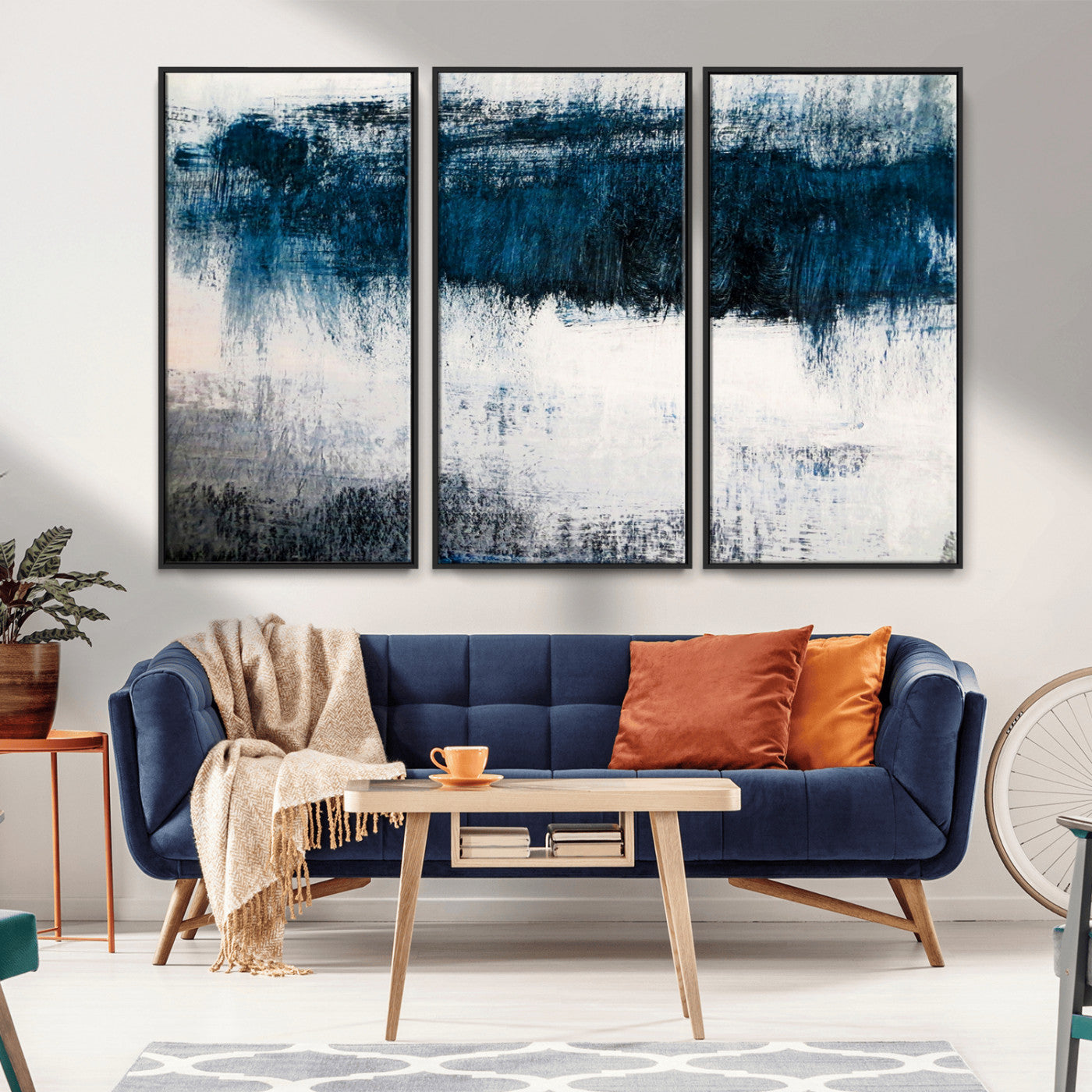 MGV-FC-48X32-3P - Abstract Blue and White Canvas Art | Large Wall Art for Modern Living Room Decor | Minimalist