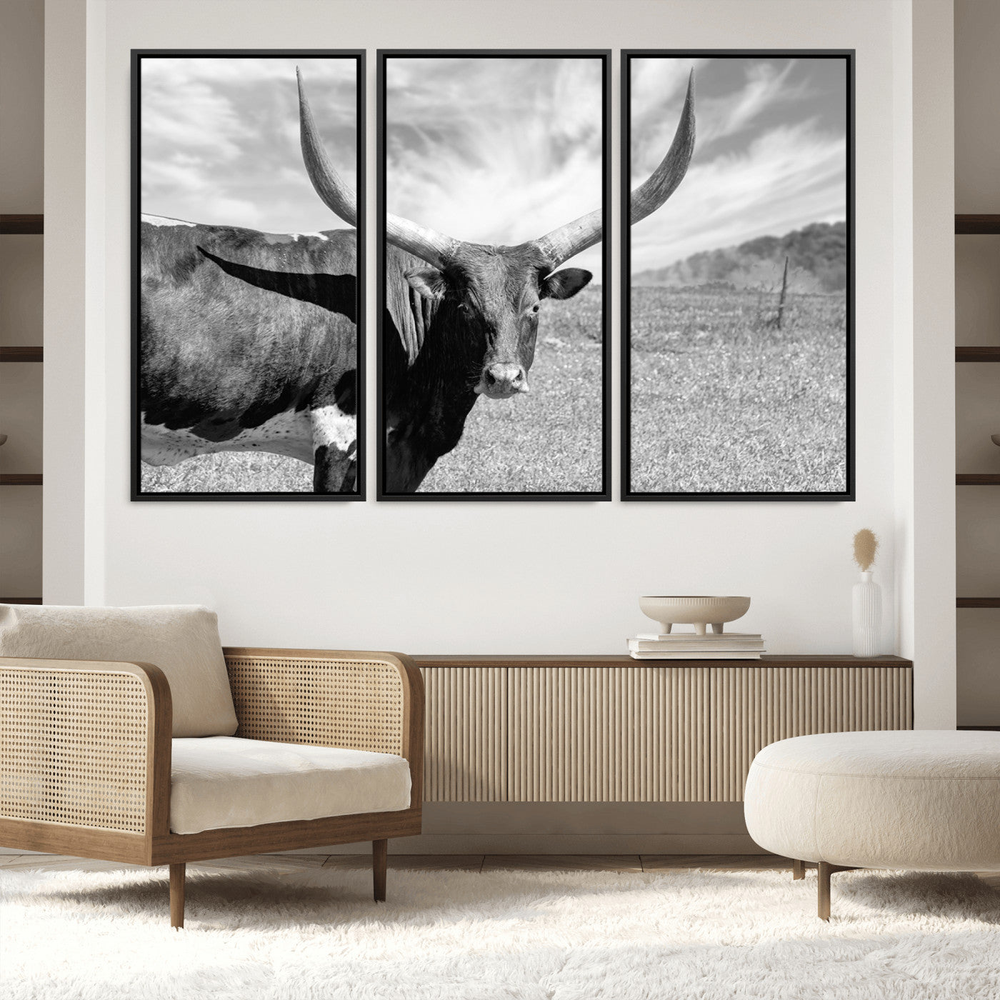 30017-MGV-FC-60X40-3P_Black-Cattle Wall Art Longhorn Cow Canvas Print