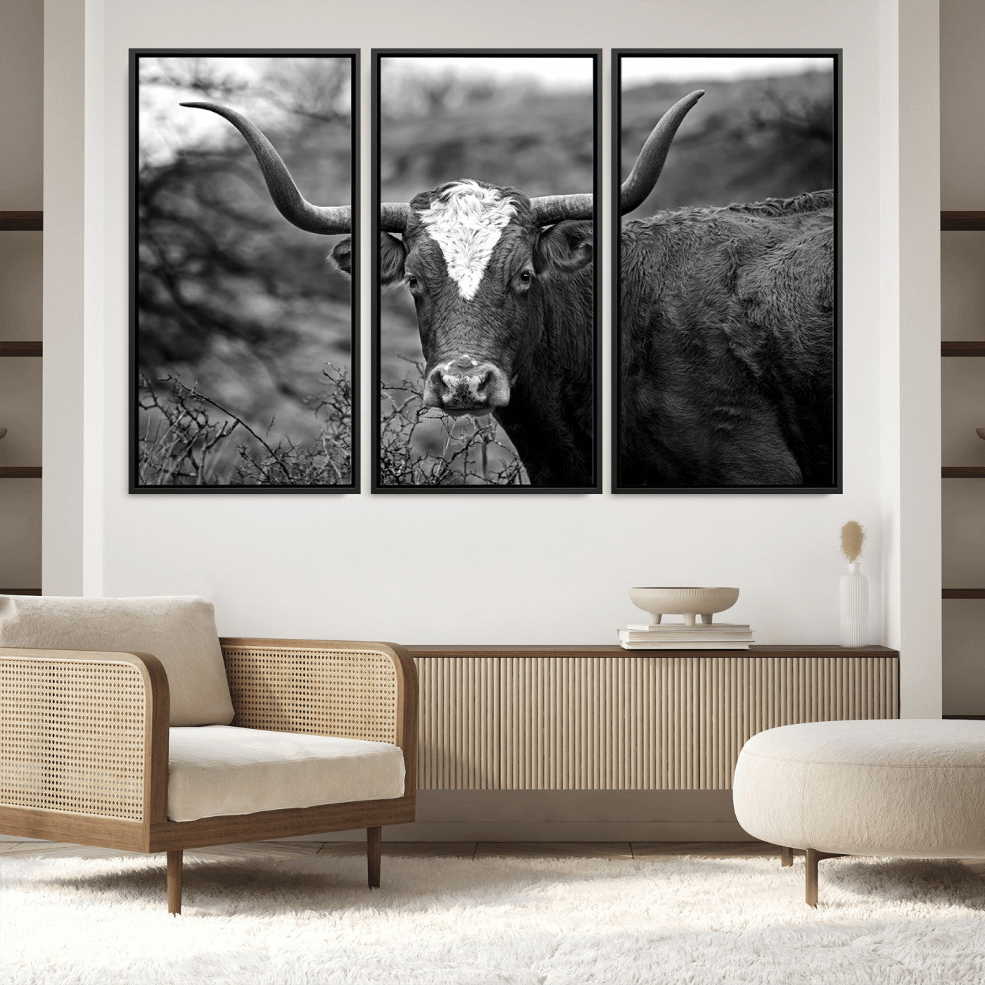 76200-MGV-FC-60X40-3P_Black-Western Home Wall Art Canvas Print, Framed Texas Longhorn Art Picture Print, Rustic Cow Perfect Rustic Farmhouse Decor Artwork