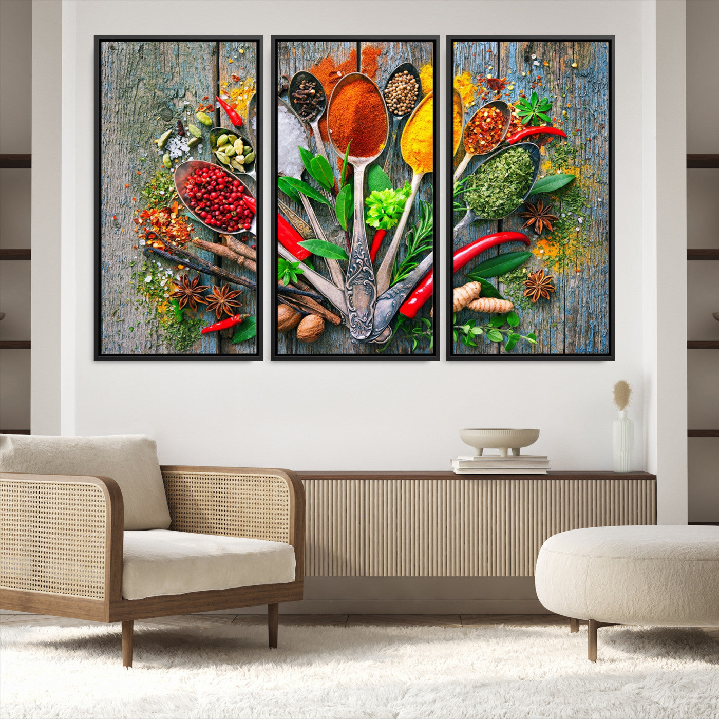 20619-MGV-FC-60X40-3P_Black-Spoonful of Spices Cooking Wall Art Canvas Print - Vibrant Kitchen Decor Triptych – Culinary Art Print for Dining Room or Kitchen – Ready to