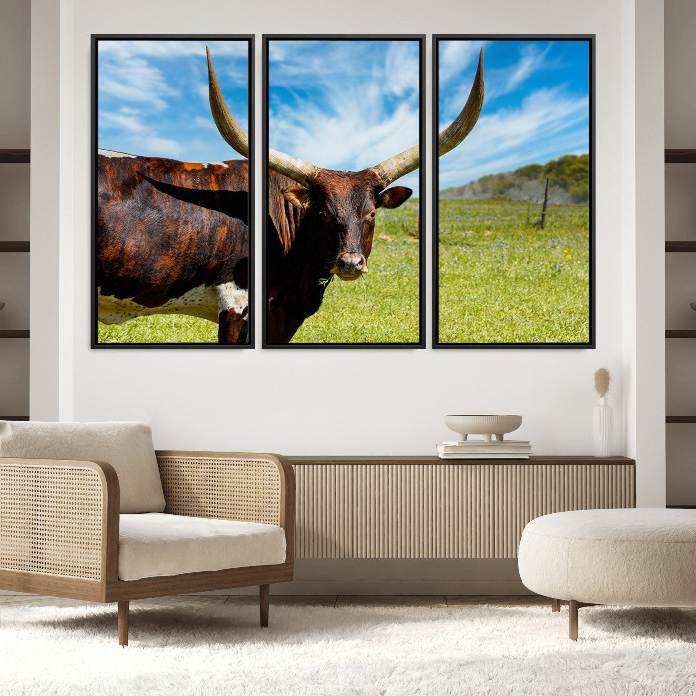 47037-MGV-FC-48X32-3P_Black-Longhorn and Cow Wall Art, Country Cow Wall Decor Canvas Print