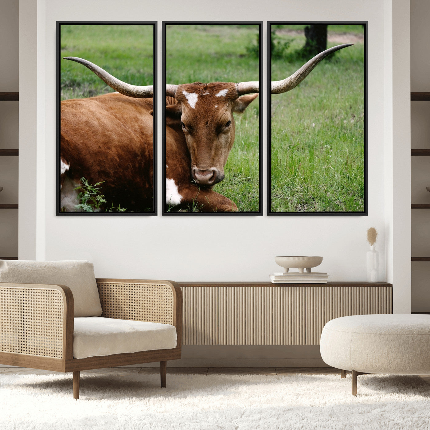 45997-MGV-FC-48X32-3P_Black-Longhorn Steer Canvas Wall Art – Rustic Nature Triptych Decor for Living Room or Office – Ready to Hang