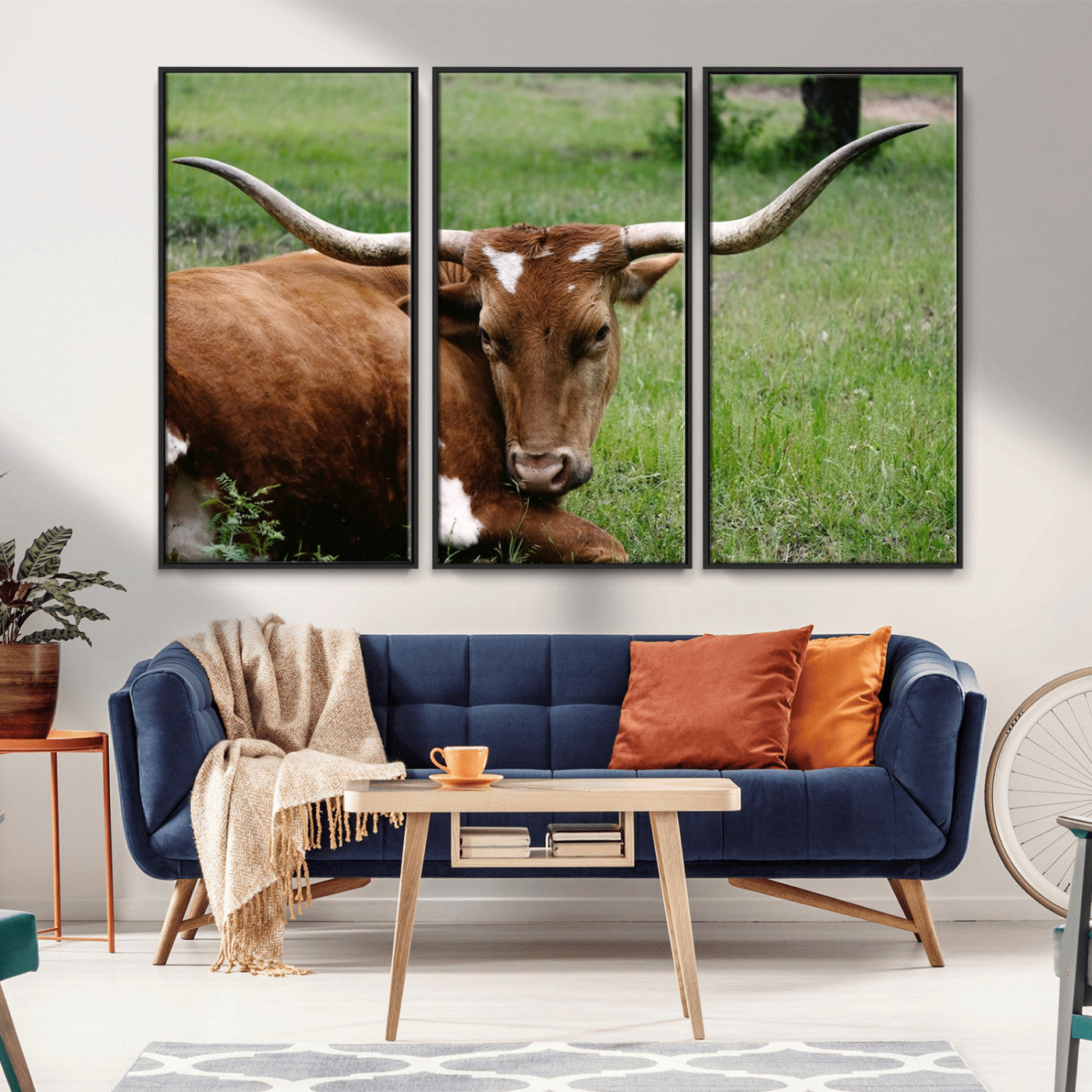 MGV-FC-48X32-3P - Longhorn Cow Animal Wall Art Canvas Print