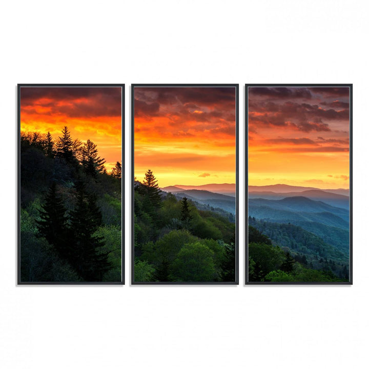 The Great Smoky Mountains Sunset Wall Art, a 3-panel print, beautifully captures natures beauty and is perfect for living room or office decor.