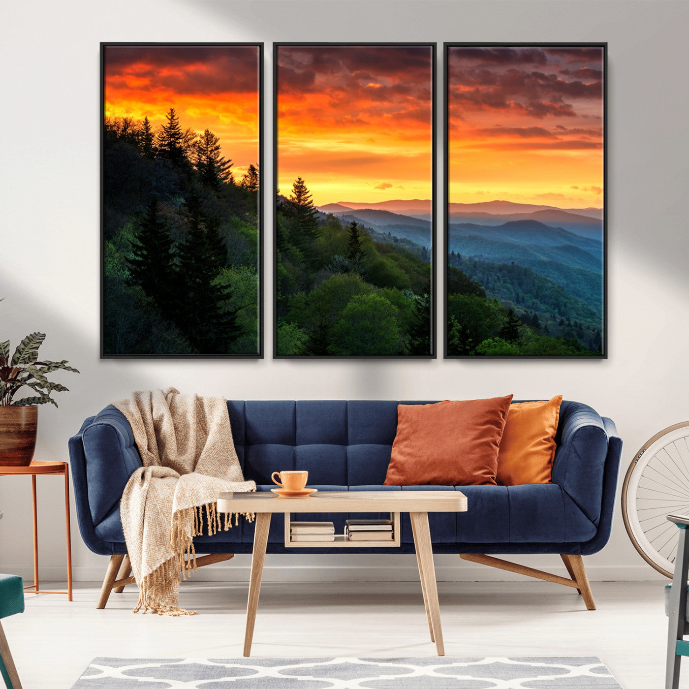 MGV-FC-48X32-3P - Great Smoky Mountains Sunset Wall Art Canvas Print | 3 Panel Large Nature Landscape Photography for