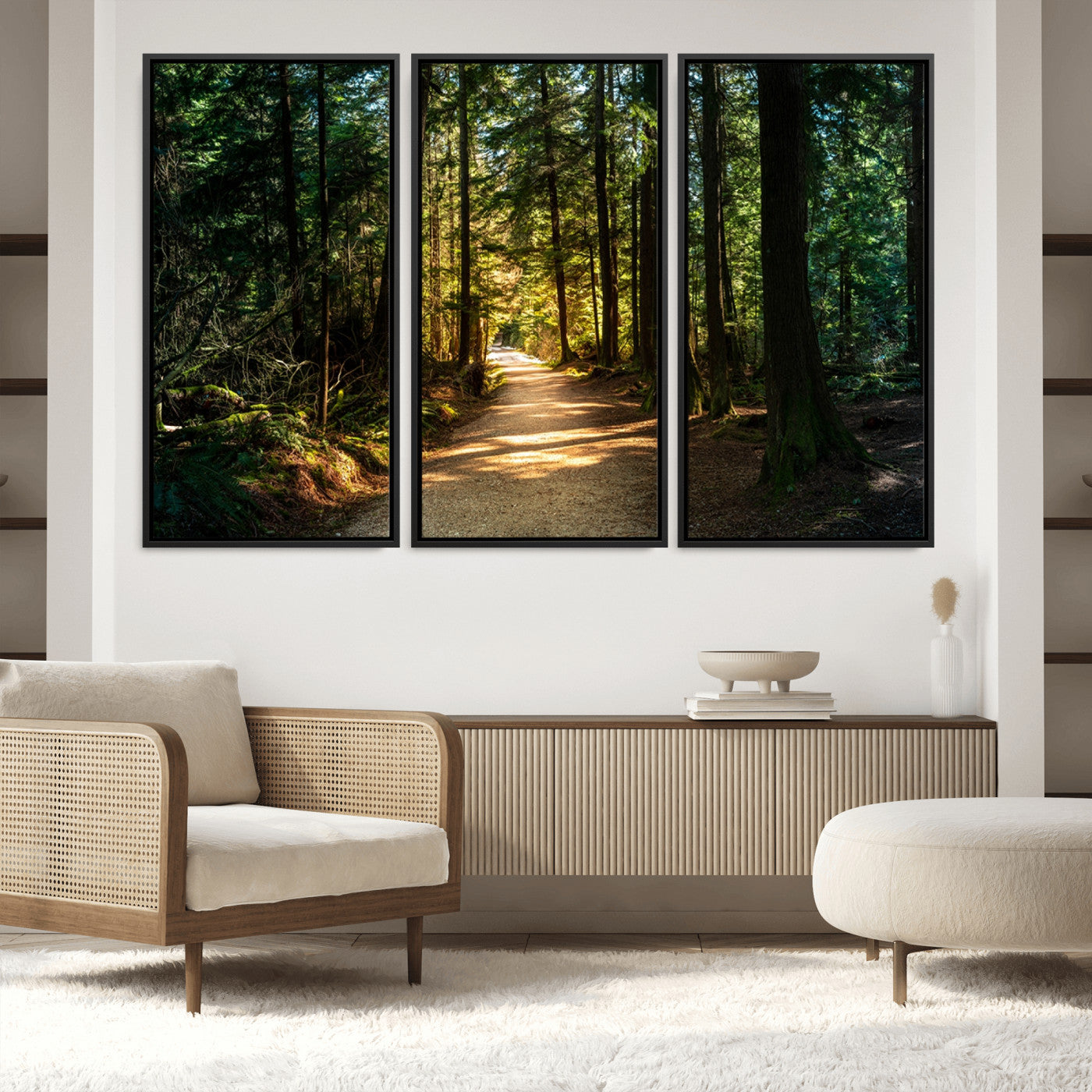51762-MGV-FC-60X40-3P_Black-Sunlit Forest Pathway Canvas Print | 3 Panel Large Nature Wall Art for Living Room, Office, or Modern Space | Tranquil Scenic Forest, Ready