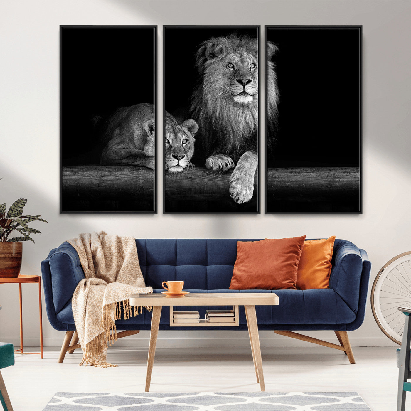 MGV-FC-48X32-3P - Large Black and White Lion Couple Wall Art Canvas Print