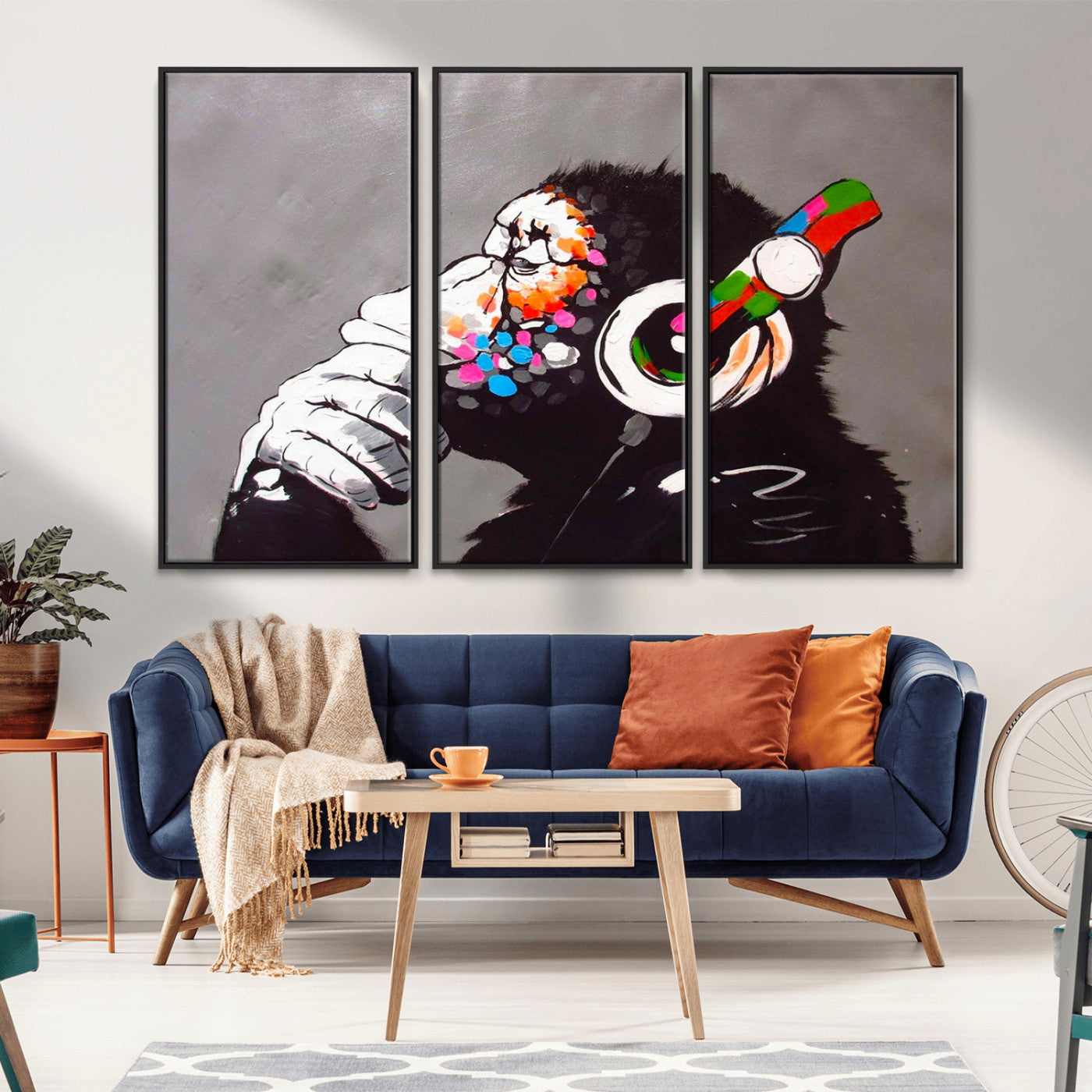 MGV-FC-48X32-3P - Dj Monkey Listening to Music Wall Art Print | Banksy Monkey Large Canvas Print for Living Room,