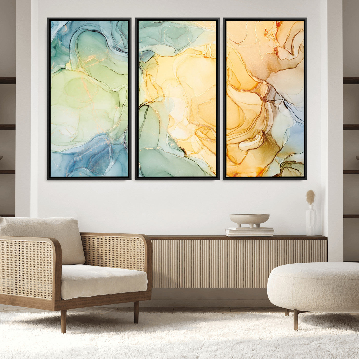 42195-MGV-FC-60X40-3P_Black-Green and Yellow Marble Fluid Effect Wall Art, Green and Yellow Marble Canvas Wall Art Print