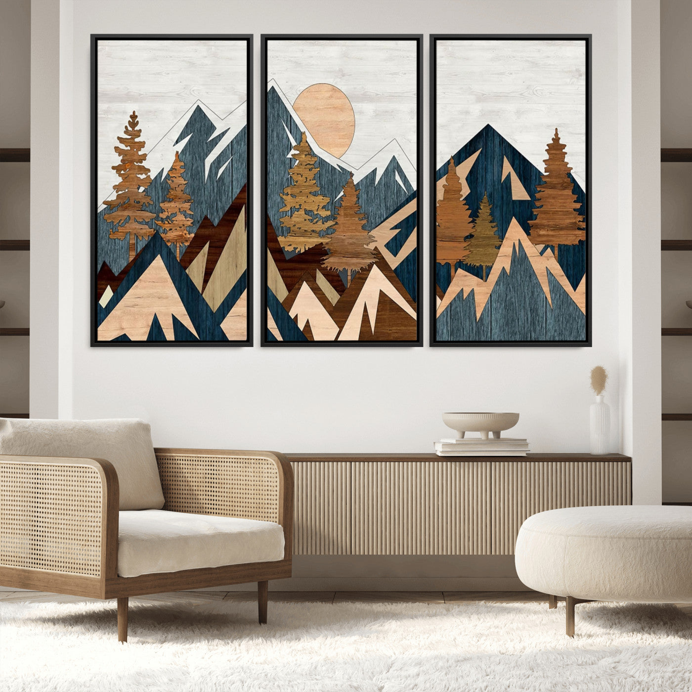91467-MGV-FC-60X40-3P_Black-Abstract Wood Panel Effect Mountain Range Top Wall Art Canvas Print