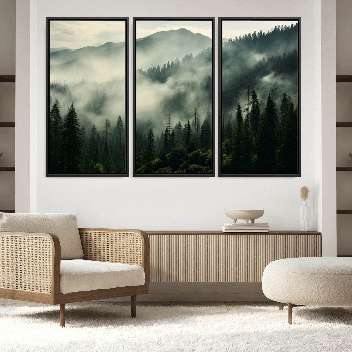 25295-MGV-FC-60X40-3P_Black-Captivating Misty Forest Wall Art Premium Canvas Print a Foggy and Serene Atmosphere
