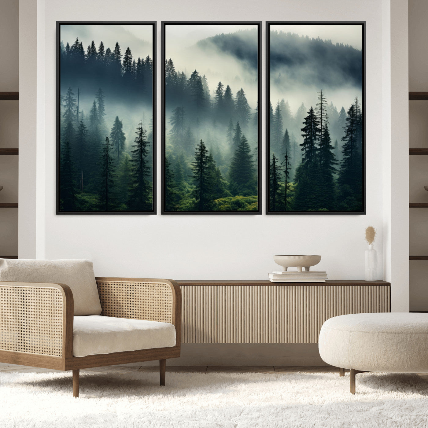 48606-MGV-FC-60X40-3P_Black-Captivating Misty Forest Wall Art Premium Canvas Print a Foggy and Serene Atmosphere