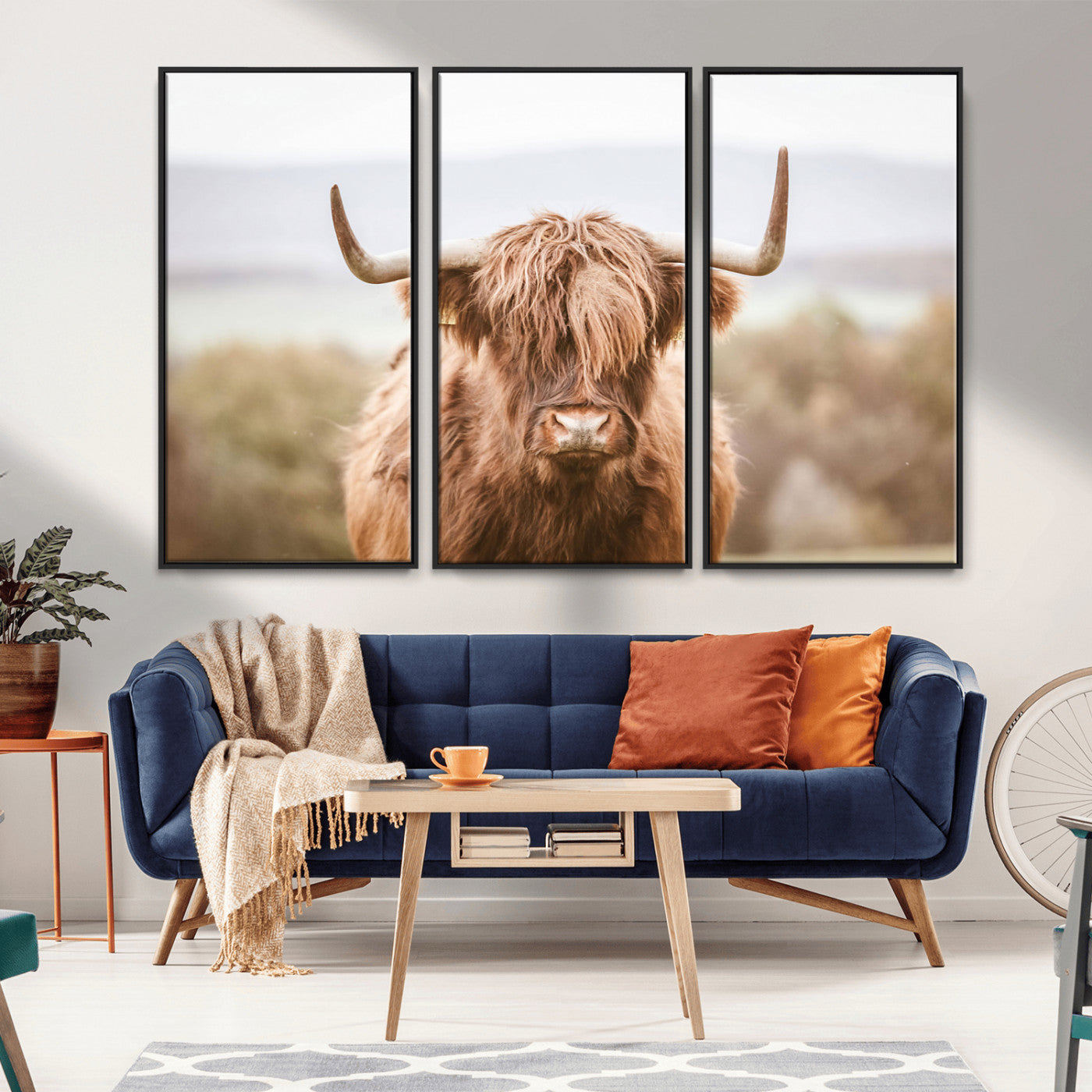 MGV-FC-48X32-3P - Scottish Serene Highland Cow Canvas Wall Art – Serene Highland Cow in Natural Pastel Tones – Ready