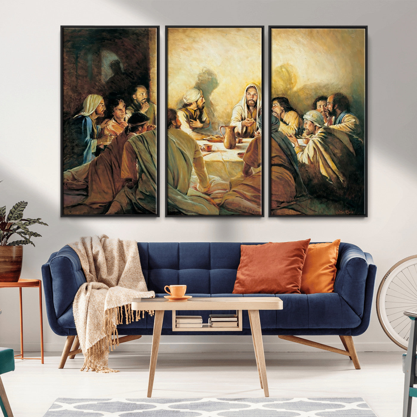 Framed canvas print of the Last Supper, depicting Jesus and his disciples, perfect for religious or Christian-themed home decor.