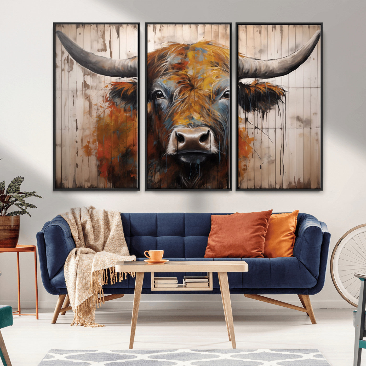 MGV-FC-48X32-3P - Scottish Highland Cow Cattle Art Print on Wood Style Background