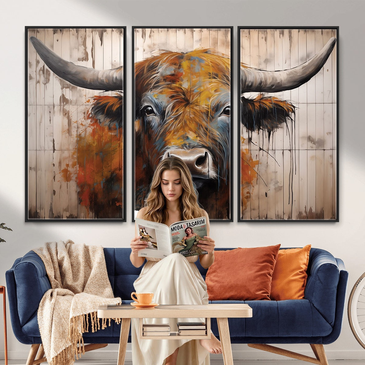 47284-MGV-CV-24X16 - Abstract Bull Highland Cow Canvas Wall Art Print