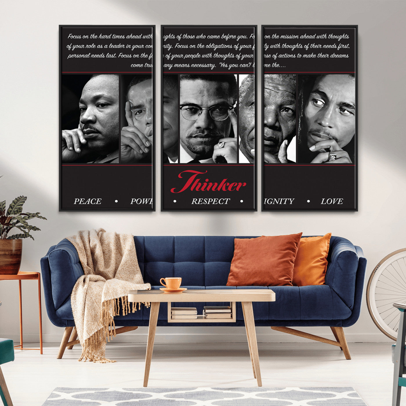 MGV-FC-48X32-3P - Thinker Quintet Canvas Wall Art – Martin, Obama, Malcolm X, Mandela, Marley Featuring Peace, Power,