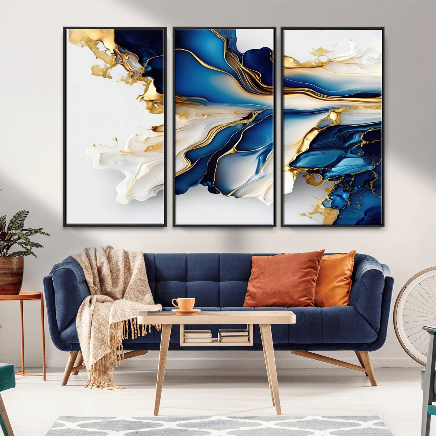 MGV-FC-48X32-3P - Gold Marble Art - Abstract Geode Gold And Blue Marble Shape 3 Pieces Wall Art Canvas Print