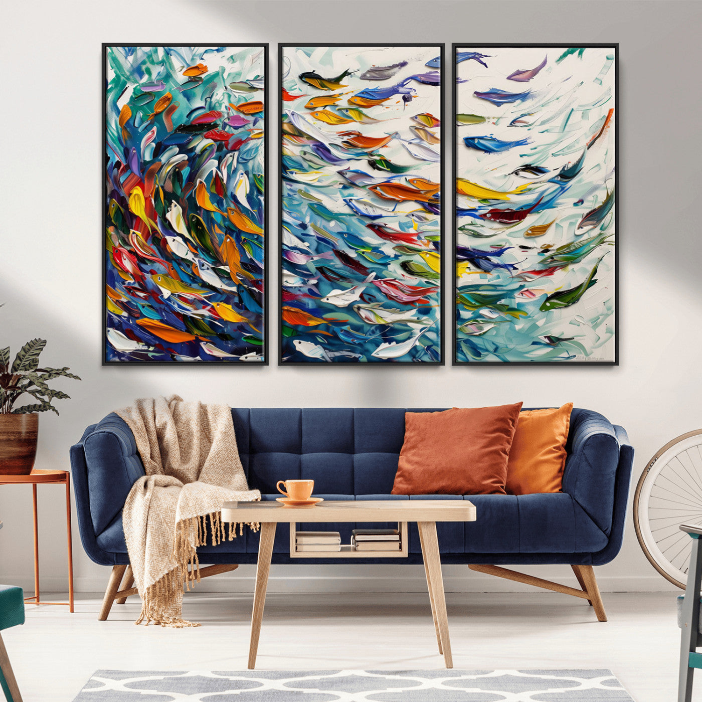 MGV-FC-48X32-3P - Modern Abstract Fish Shoal Wall Art Canvas Print, Colorful Fish Herd Painting on Canvas Print, Ocean