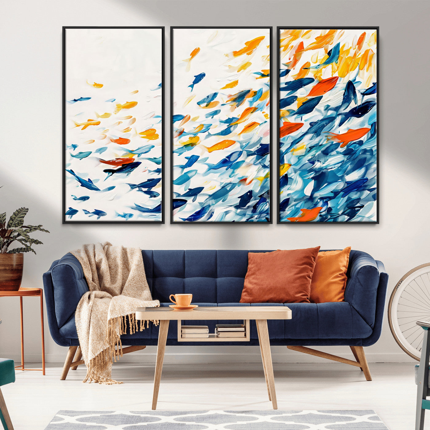 MGV-FC-48X32-3P - Abstract Fish Shoal Wall Art Canvas Print, Colorful Fish Herd Painting on Canvas Print, Ocean Animal