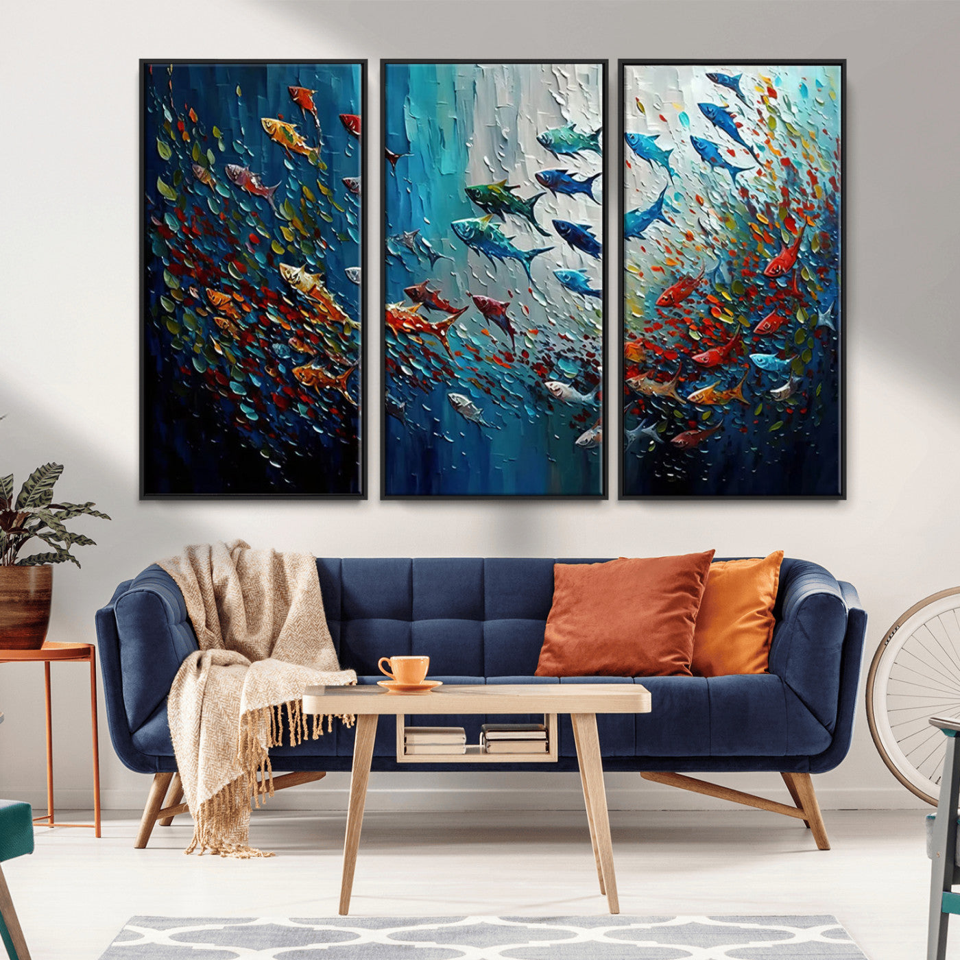 MGV-FC-48X32-3P - Modern Abstract Fish Shoal Wall Art Canvas Print, Colorful Fish Herd Painting on Canvas Print, Ocean