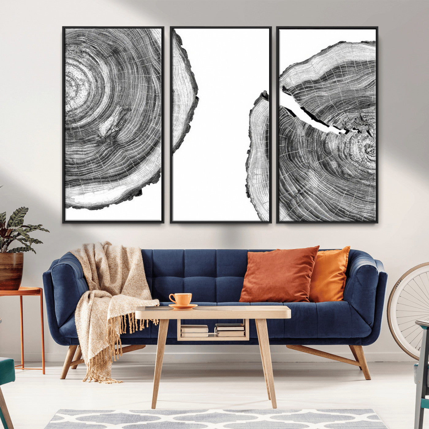 MGV-FC-48X32-3P - Abstract Large Tree Rings – Minimalist Black and White Wood Art | Triptych Canvas, Modern Wall Decor