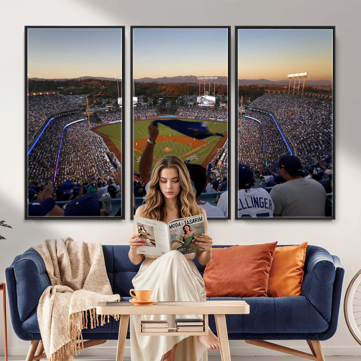 60162-MGV-CV-36X24 - Dodger Stadium Sunset Game Triple Canvas Wall Art, Los Angeles Dodgers MLB Match