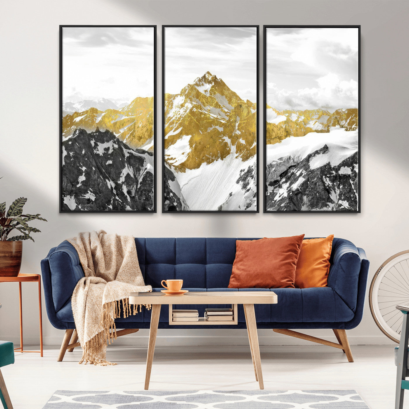 MGV-FC-48X32-3P - Gold Abstract Mountains Wall Art Print on Canvas, Nature Wall Art Print,