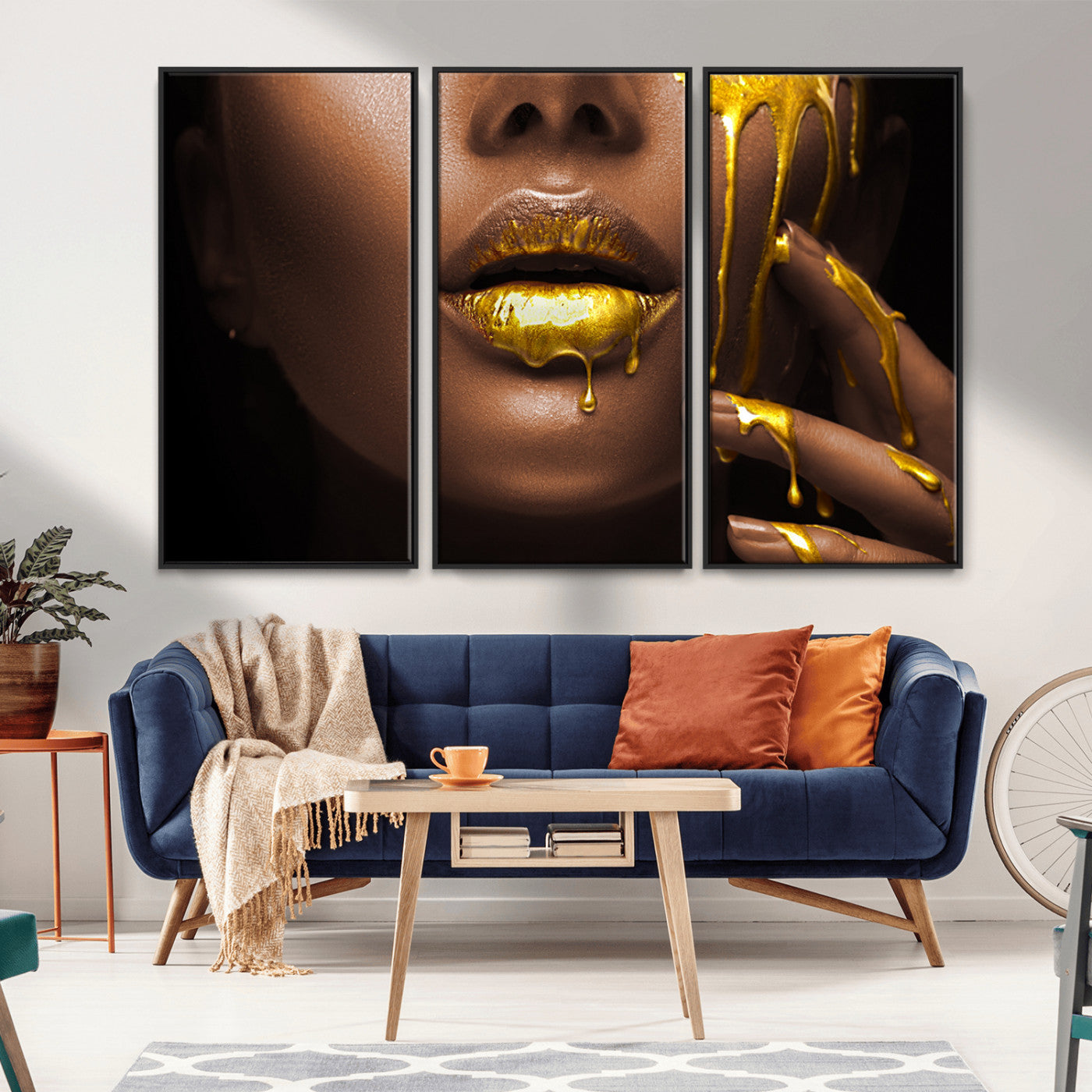 MGV-FC-48X32-3P - African American Art Black Woman Canvas Print, African Wall Art, Fashion African Woman Gold Lips