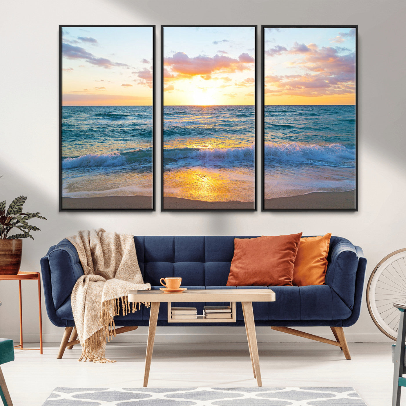 MGV-FC-48X32-3P - Golden Sunset Over Ocean Waves - Serene Coastal Triptych Wall Art for Relaxing Home Decor, Ready to