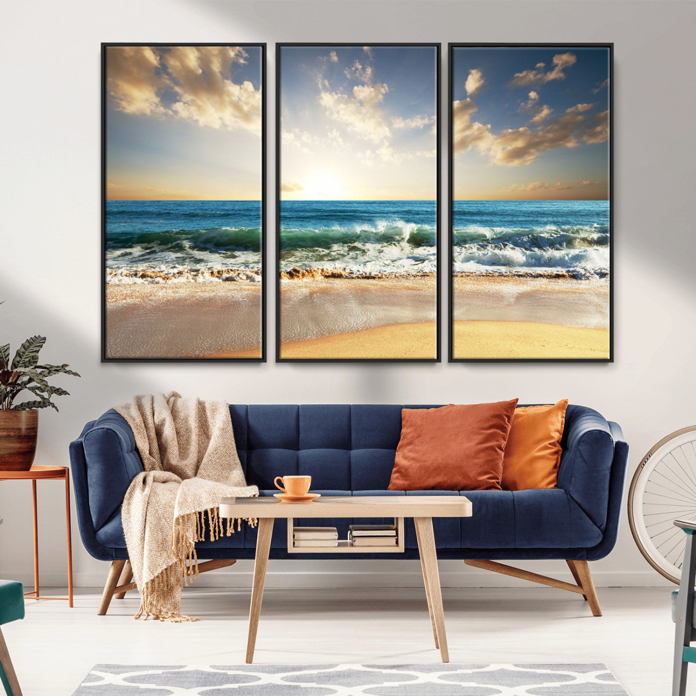 MGV-FC-48X32-3P - Golden Sunset Beach Triptych Canvas Wall Art for Living Room – 3-Panel Ocean View, Framed & Ready to