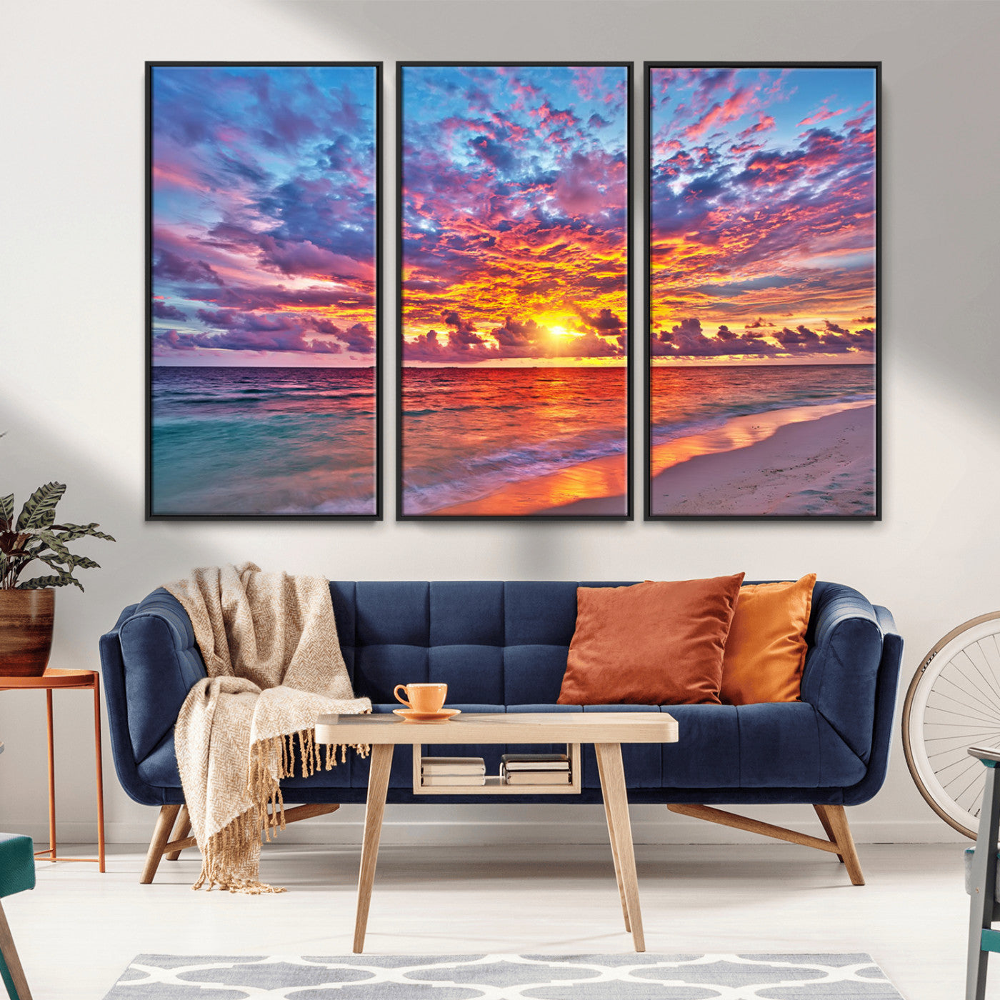 MGV-FC-48X32-3P - Vibrant Sunset Beach Wall Art - Ocean Sunset Canvas Print | Coastal Wall Art Decor Stunning Sunset