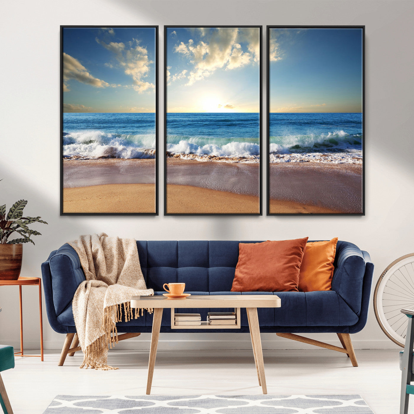 MGV-FC-48X32-3P - Serene Ocean Sunset Canvas Wall Art - Beach Waves at Sunset, Ready to Hang