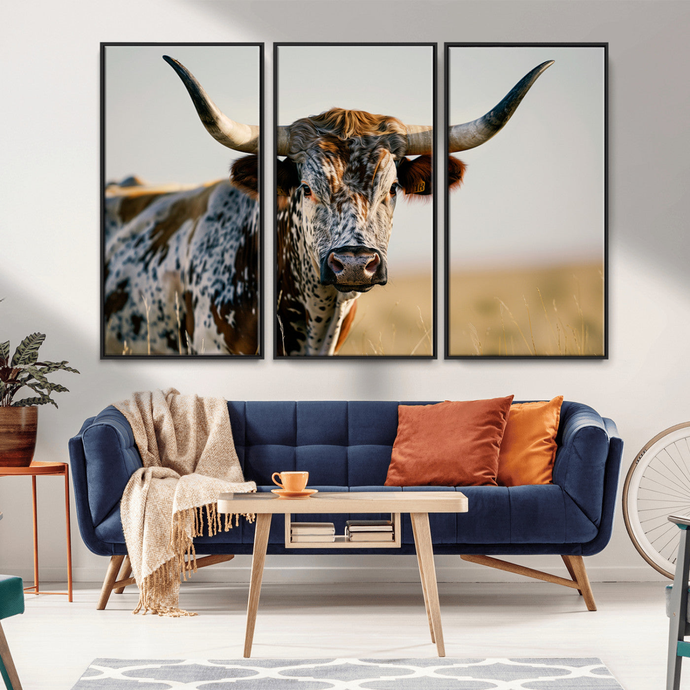 MGV-FC-48X32-3P - Texas Bull Longhorn Wall Art Canvas Print for Farm House Wall Decor, Farmhouse Wall Art Print