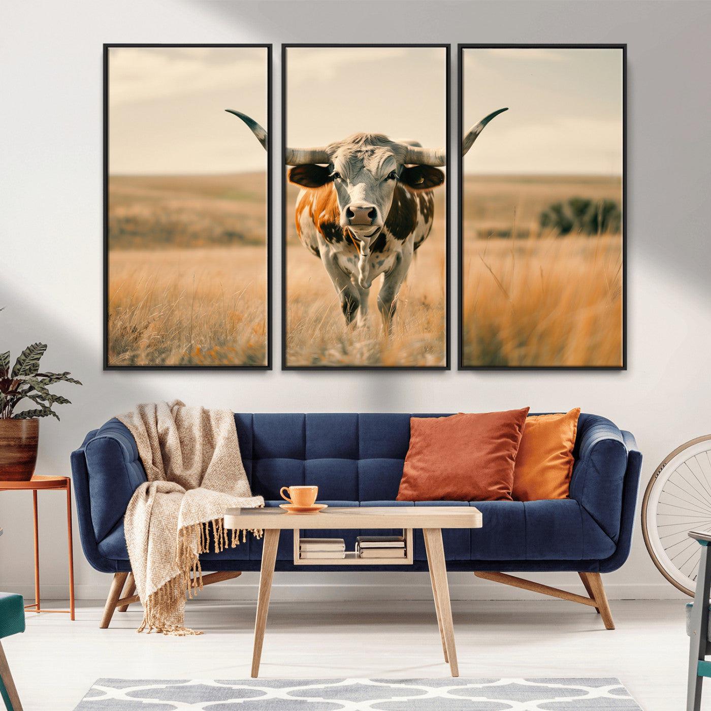 MGV-FC-48X32-3P - Texas Cow Wall Art Canvas Print for Farm House Wall Decor, Farmhouse Wall Art Print