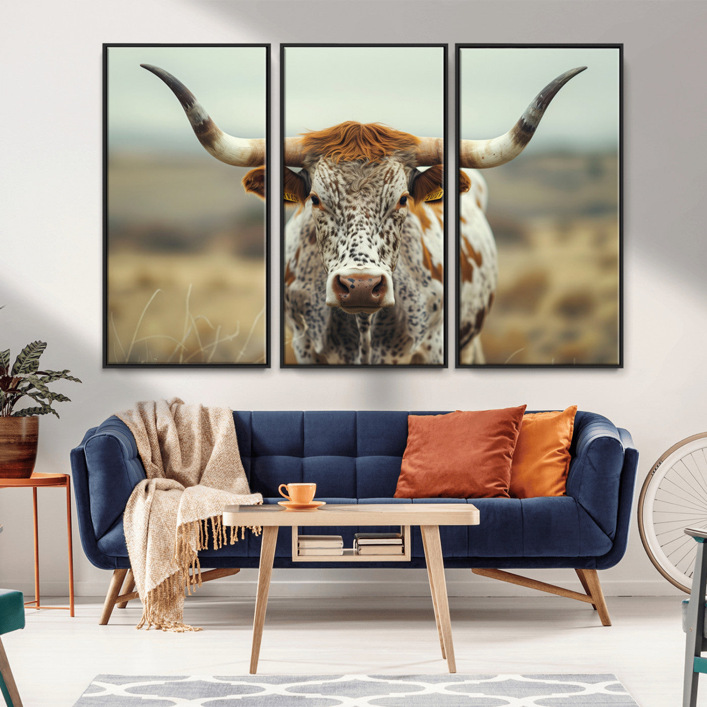 MGV-FC-48X32-3P - Texas Cow Longhorn Wall Art Canvas Print for Farm House Wall Decor, Farmhouse Wall Art Print