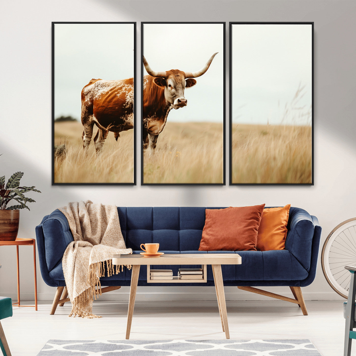 MGV-FC-48X32-3P - Texas Longhorn Canvas Wall Art Print – Majestic Western Cattle in Rustic Farmhouse Decor – Cow Wall