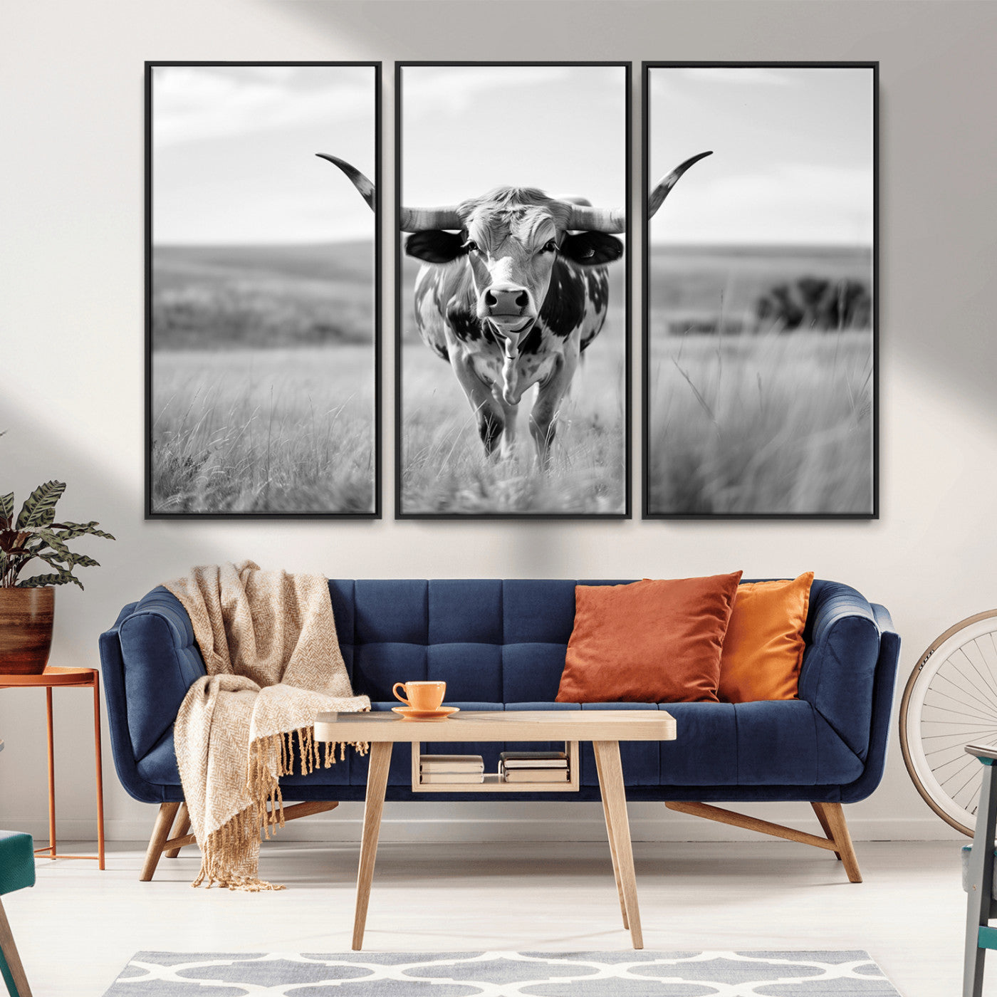 MGV-FC-48X32-3P - Texas Cow Longhorn Wall Art Canvas Print for Farm House Wall Decor, Farmhouse Wall Art Print