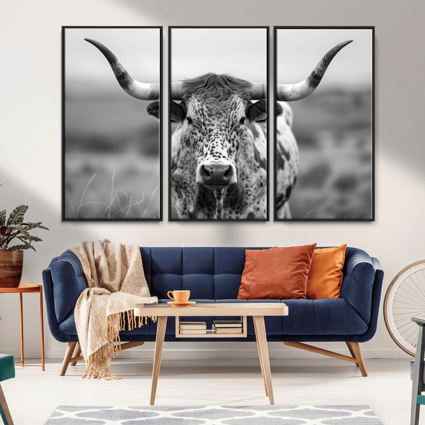 MGV-FC-48X32-3P - Texas Cow Longhorn Wall Art Canvas Print for Farm House Wall Decor, Farmhouse Wall Art Print