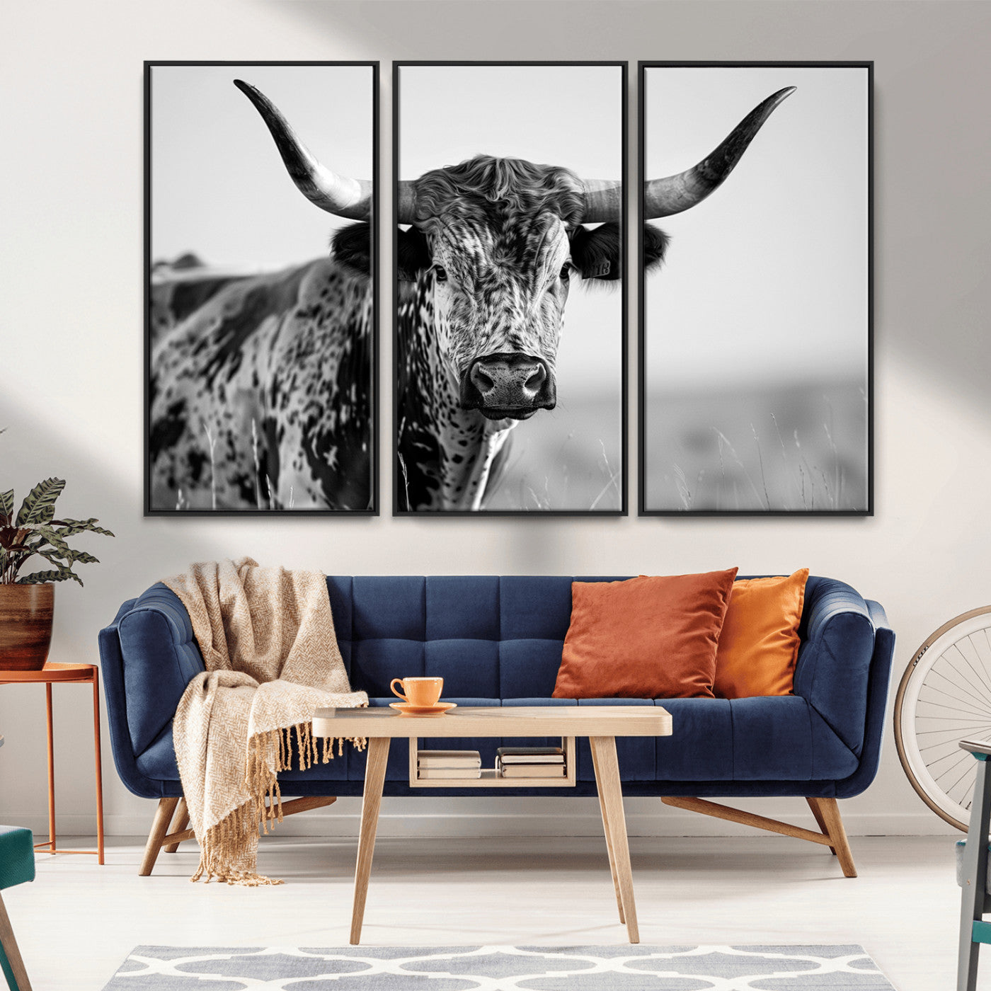 MGV-FC-48X32-3P - Texas Highland Cow Longhorn Canvas Print - Rustic Farmhouse Wall Art - Large Texas Longhorn