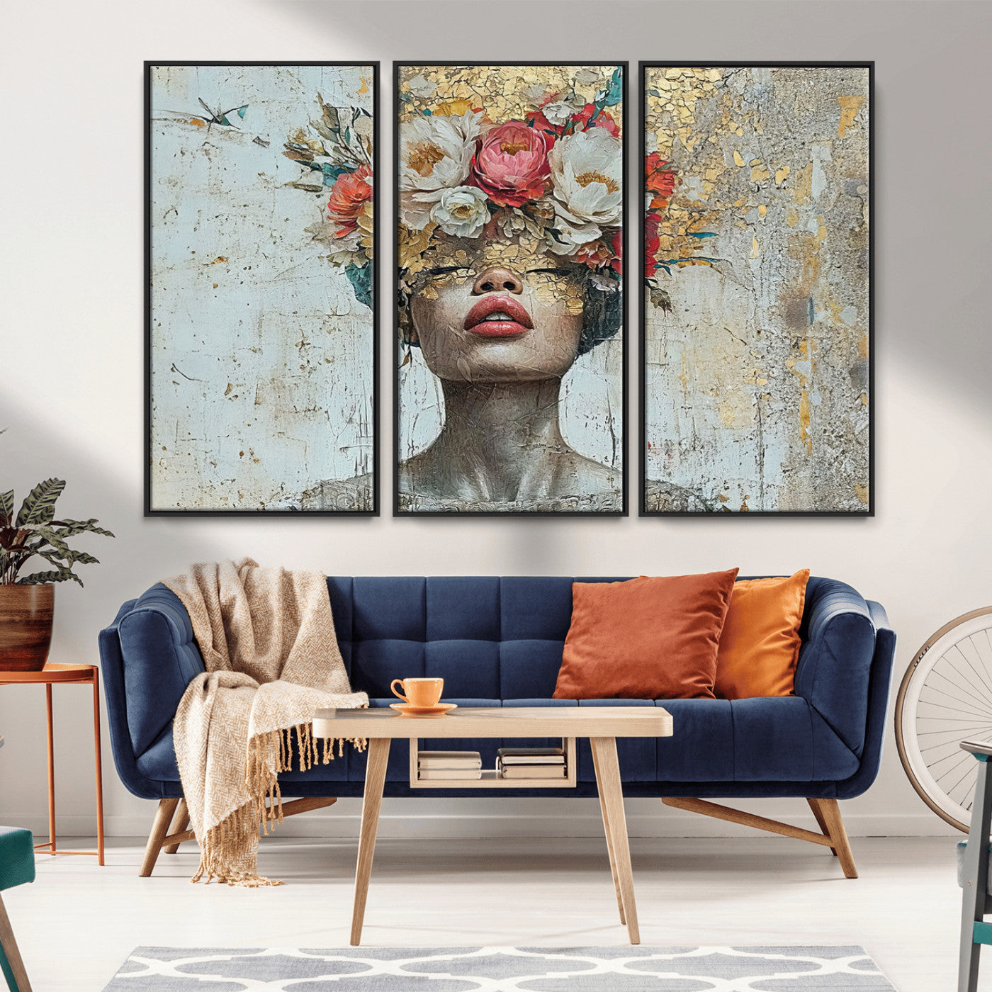 MGV-FC-48X32-3P - Golden Petal Wall Art Canvas Print - Silhouette Woman Wall Art Canvas Print, Floral Woman Portrait