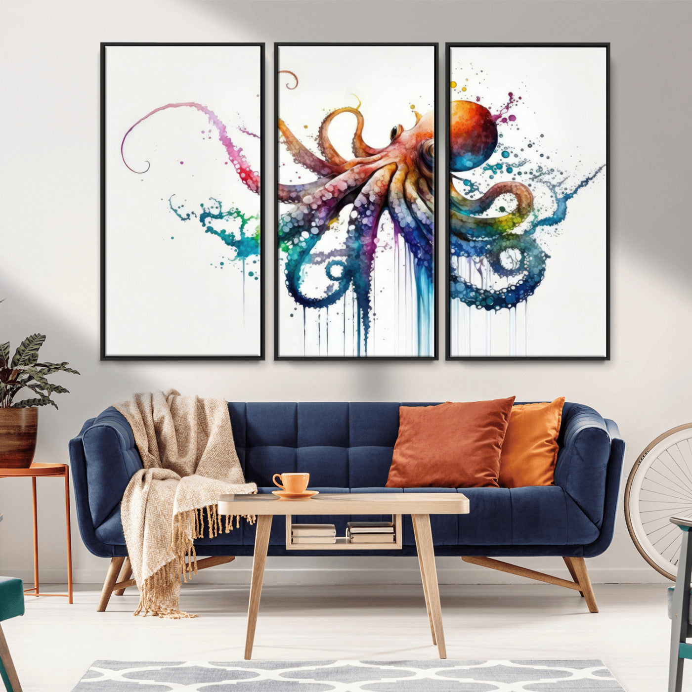 MGV-FC-48X32-3P - Watercolor Vibrant Octopus Wall Art Canvas Print | Abstract Sea Life Art | Colorful Marine Creature