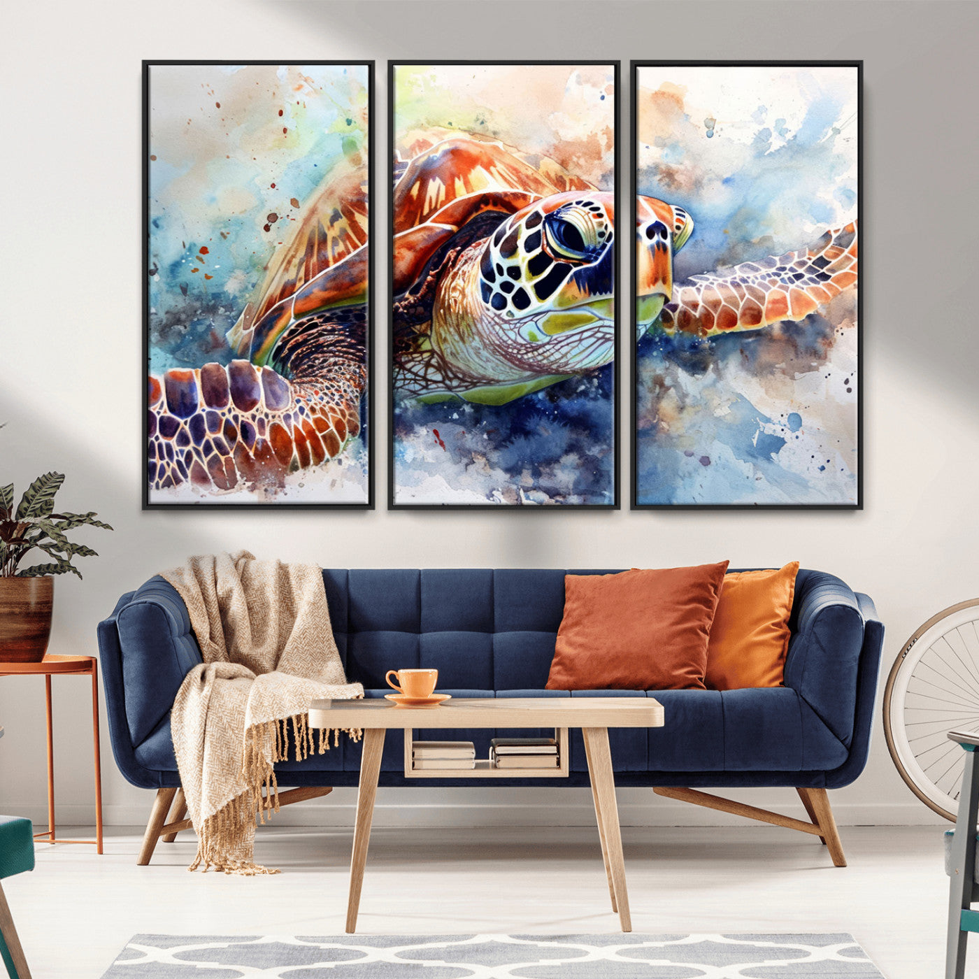 MGV-FC-48X32-3P - Watercolor Sea Turtle Wall Art Canvas Print - Vibrant Ocean Colors in Watercolor Style - Ready to