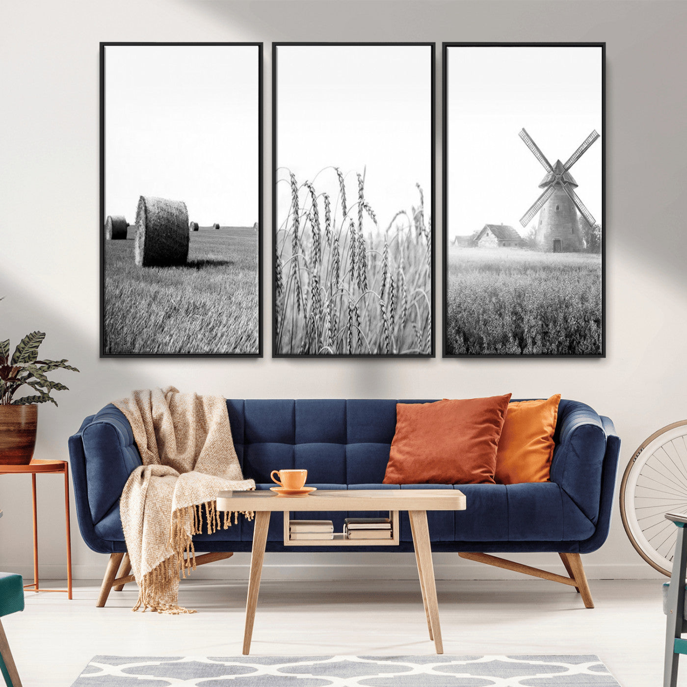 MGV-FC-48X32-3P - Vintage Farmhouse Black and White Triptych Wall Art – Giclee Canvas Featuring Wheat Fields, Hay