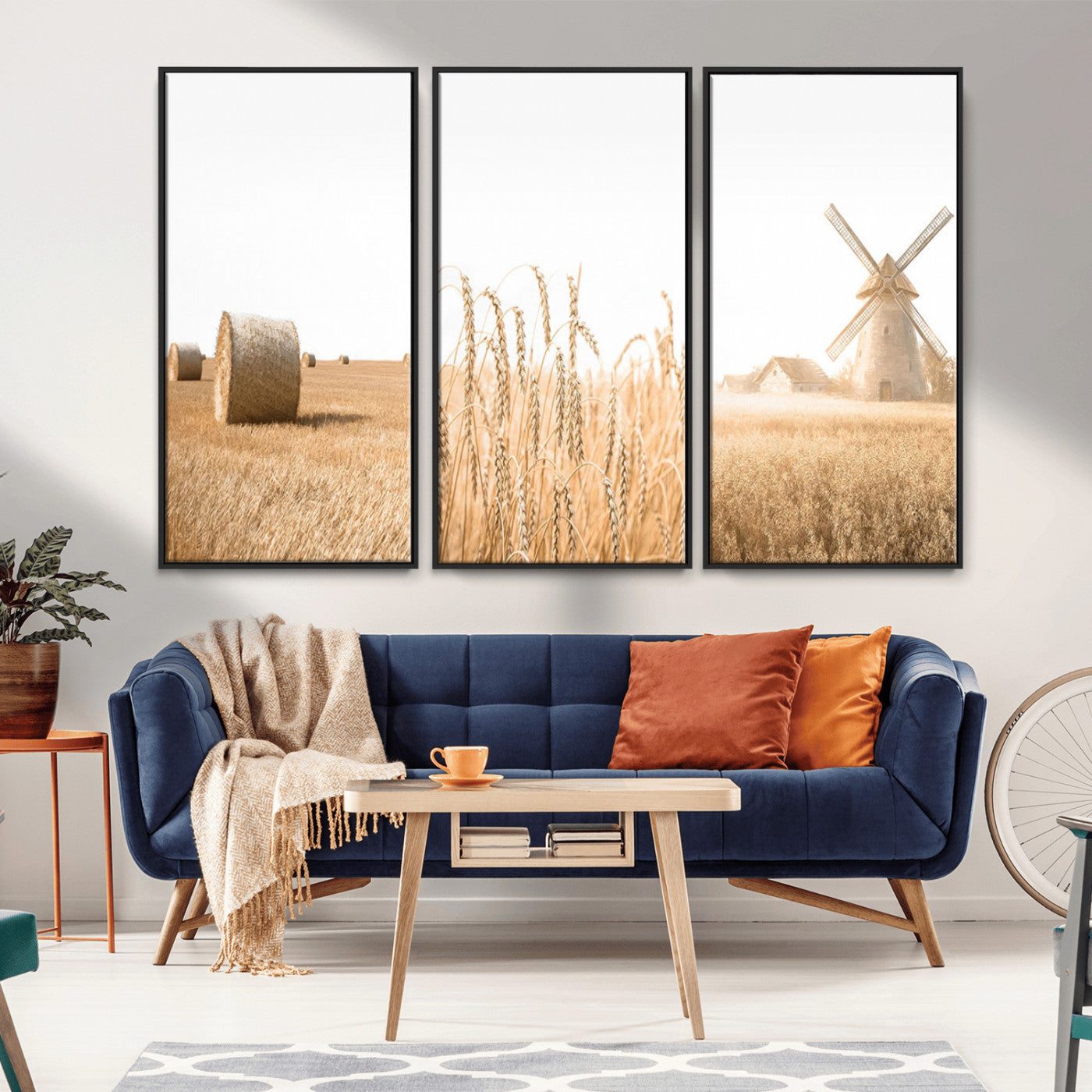 MGV-FC-48X32-3P - Vintage Farmhouse Triptych Wall Art – Giclée Canvas Featuring Wheat Fields, Hay Bales, and a