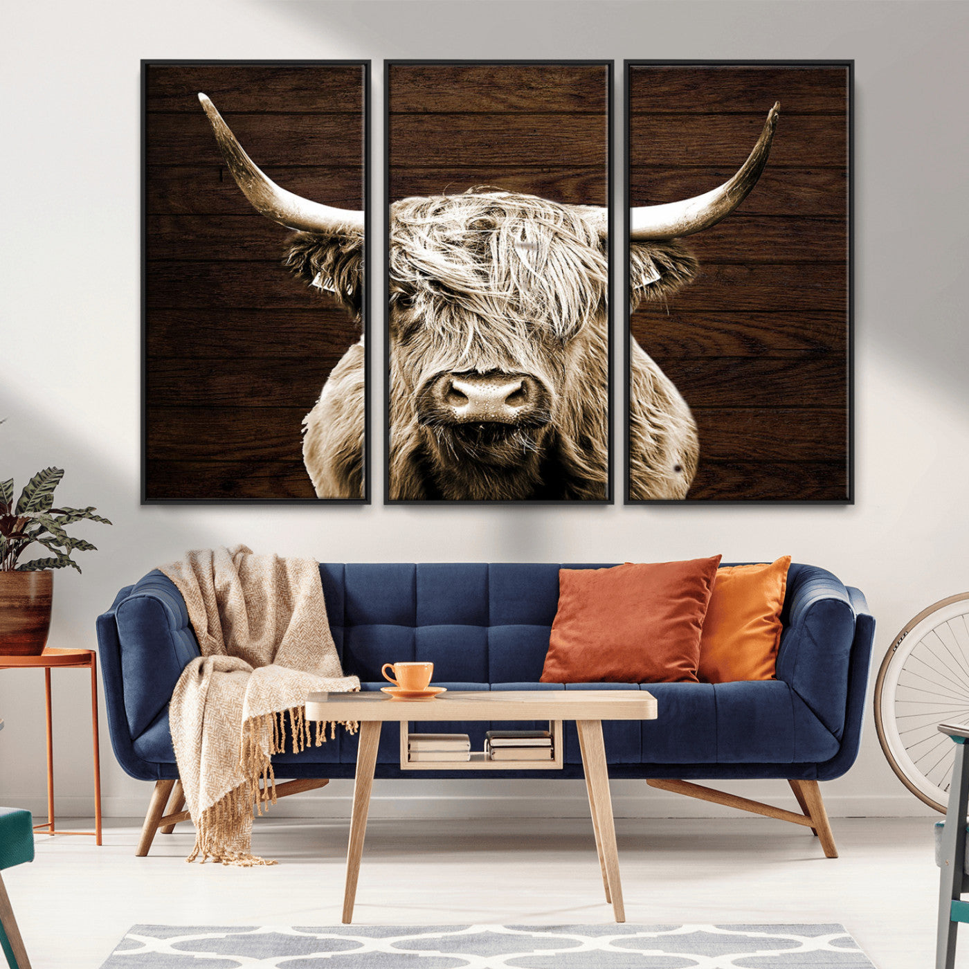 MGV-FC-48X32-3P - Highland Cow Wall Art Canvas Print, Rustic Farmhouse Decor, Majestic Scottish Highland Bull Portrait