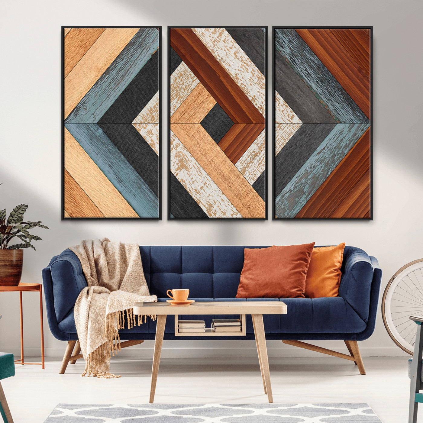 MGV-FC-48X32-3P - Geometric Wood Art Wall Decor Canvas Print, Rustic Wooden Pattern Triptych Wall Art for Living Room