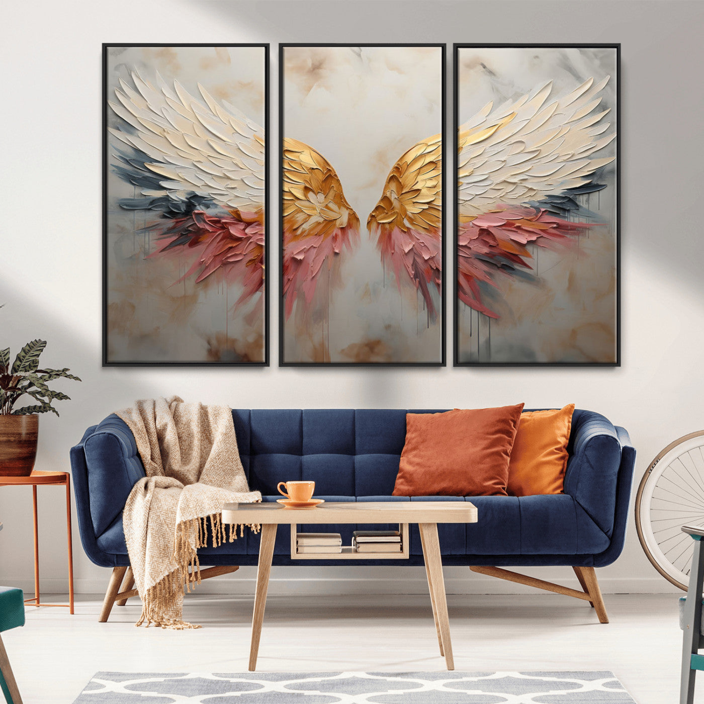 MGV-FC-48X32-3P - Golden Angel Wings Wall Art Canvas Print – Stunning Abstract Winged Art for Elegant Home Decor –